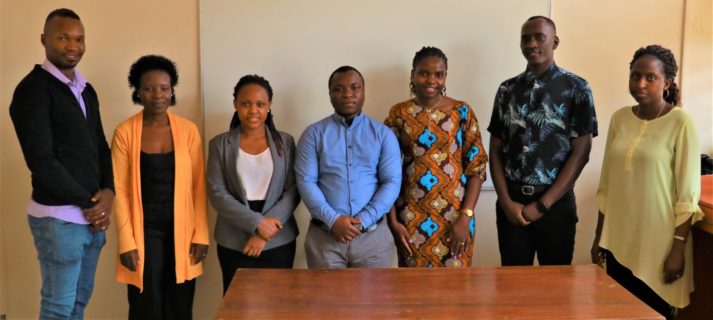 (L-R) Wagaba Michael, Dr. Elizabeth Ekirapa (DHPI-R Anglophone Hub Director), Cynthia Murungi (DHPI-R Administrator), Patrick Albert Ipola, Namuyonga Priscilla, and Arnold Tigaiza